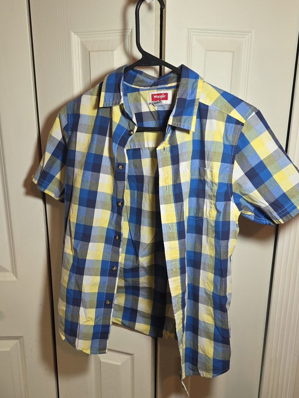 Wrangler boys’s Blue & Yellow Plaid Short Sleeve Button-Up Shirt